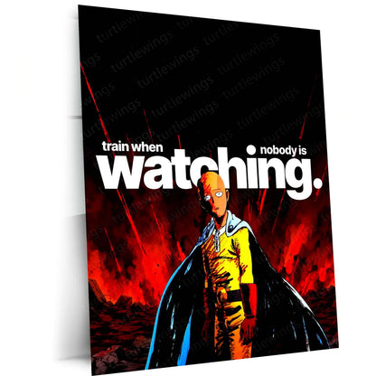 Anime Metal Poster | Saitama – Train When Nobody Is Watching | One Punch Man Motivational Metal Frame | Discipline & Consistency Anime Wall Art by TurtleWings
