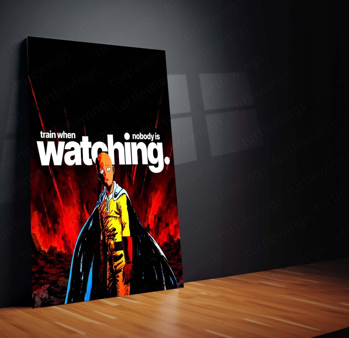 Anime Metal Poster | Saitama – Train When Nobody Is Watching | One Punch Man Motivational Metal Frame | Discipline & Consistency Anime Wall Art by TurtleWings