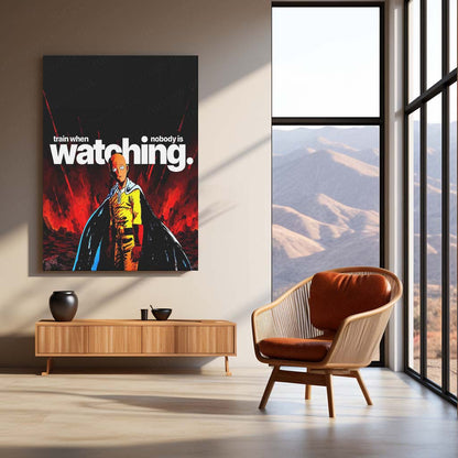 Anime Metal Poster | Saitama – Train When Nobody Is Watching | One Punch Man Motivational Metal Frame | Discipline & Consistency Anime Wall Art by TurtleWings