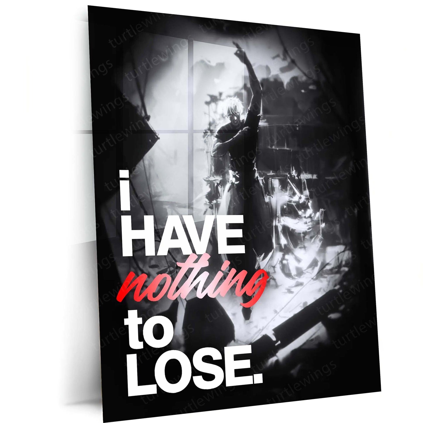 Anime Metal Poster | Satoru Gojo – I Have Nothing to Lose | Jujutsu Kaisen Motivational Metal Frame | Fearless Mindset Anime Wall Art by TurtleWings