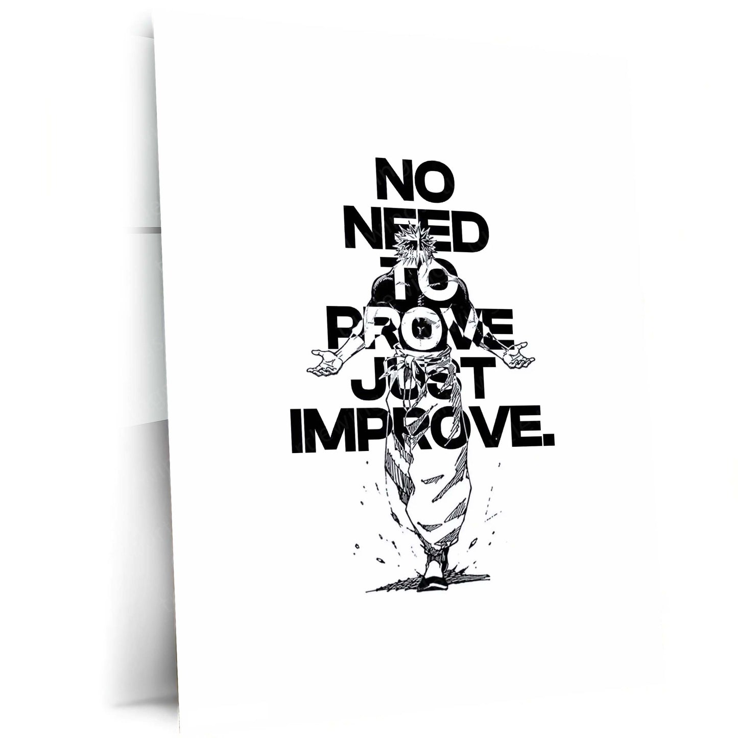 Anime Metal Poster | Satoru Gojo – No Need to Prove, Just Improve | Jujutsu Kaisen Motivational Metal Frame | Self Growth Anime Wall Art by TurtleWings