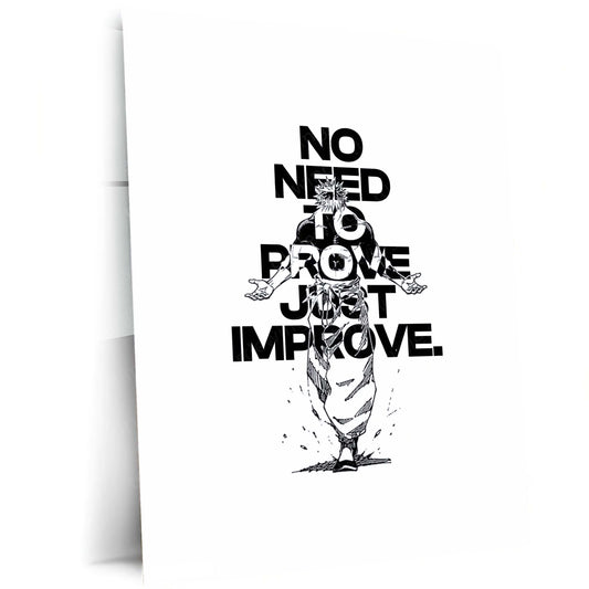 Anime Metal Poster | Satoru Gojo – No Need to Prove, Just Improve | Jujutsu Kaisen Motivational Metal Frame | Self Growth Anime Wall Art by TurtleWings