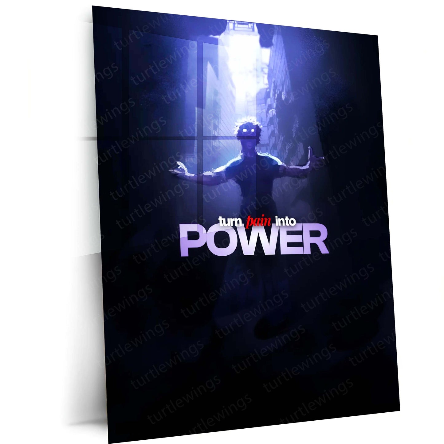 Anime Metal Poster | Satoru Gojo – Turn Pain Into Power | Jujutsu Kaisen Motivational Metal Frame | Dark Anime Strength Wall Art by TurtleWings