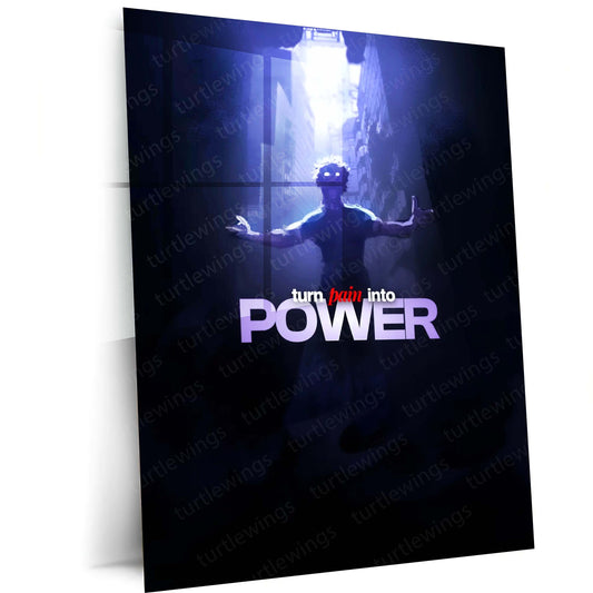 Anime Metal Poster | Satoru Gojo – Turn Pain Into Power | Jujutsu Kaisen Motivational Metal Frame | Dark Anime Strength Wall Art by TurtleWings