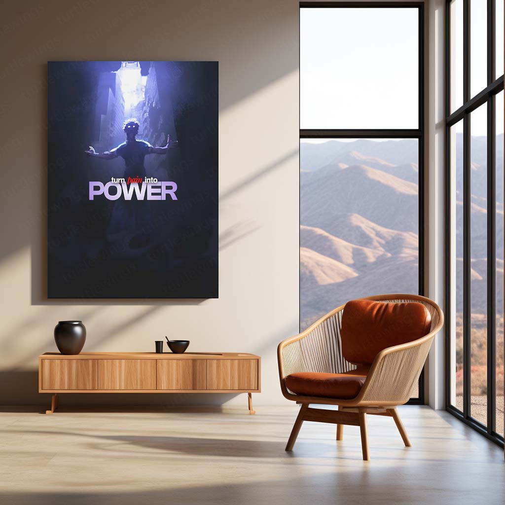 Anime Metal Poster | Satoru Gojo – Turn Pain Into Power | Jujutsu Kaisen Motivational Metal Frame | Dark Anime Strength Wall Art by TurtleWings