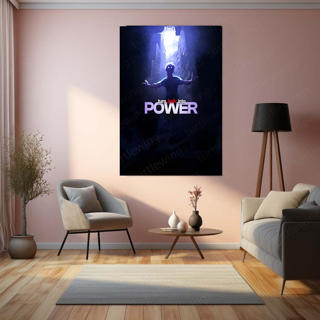 Anime Metal Poster | Satoru Gojo – Turn Pain Into Power | Jujutsu Kaisen Motivational Metal Frame | Dark Anime Strength Wall Art by TurtleWings