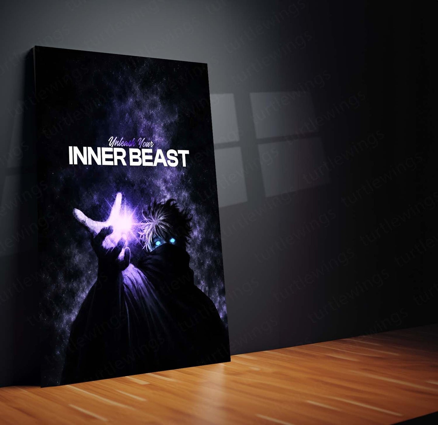 Anime Metal Poster | Satoru Gojo – Unleash Your Inner Beast | Jujutsu Kaisen Motivational Metal Frame | Powerful Anime Wall Art by TurtleWings