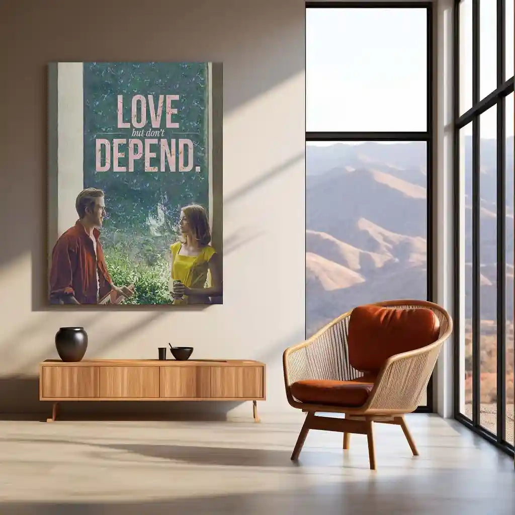 Quote Metal Poster | Sebastian Wilder & Mia Dolan - “LOVE, but don’t DEPEND.” Quote Metal Frame Wall Art | La La Land Inspired Couple Aesthetic Poster - TURTLEWINGS 