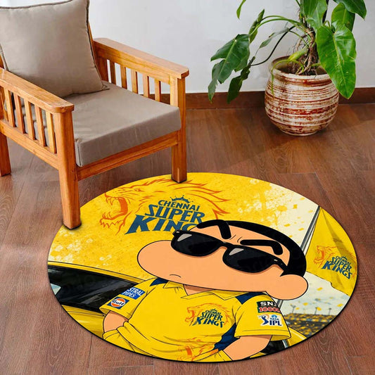 Shin Chan Chennai Super Kings Round Flat Rug | CSK Fan Floor Mat | Anime Anti-Slip 3 mm Absorbent Circle Flat Rug for Bedroom, Gaming Room & Cricket Lovers