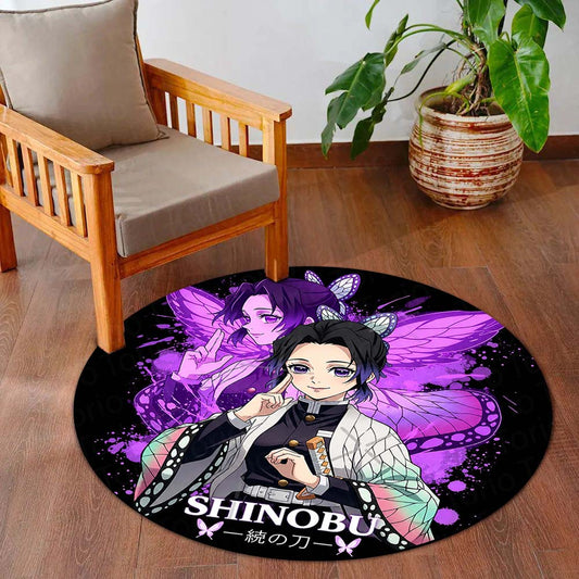 Shinobu Kocho Round Flat Rug | Demon Slayer Inspired Floor Mat | Anime Anti-Slip 3 mm Absorbent Circle Flat Rug for Bedroom, Gaming Room & Otaku Decor