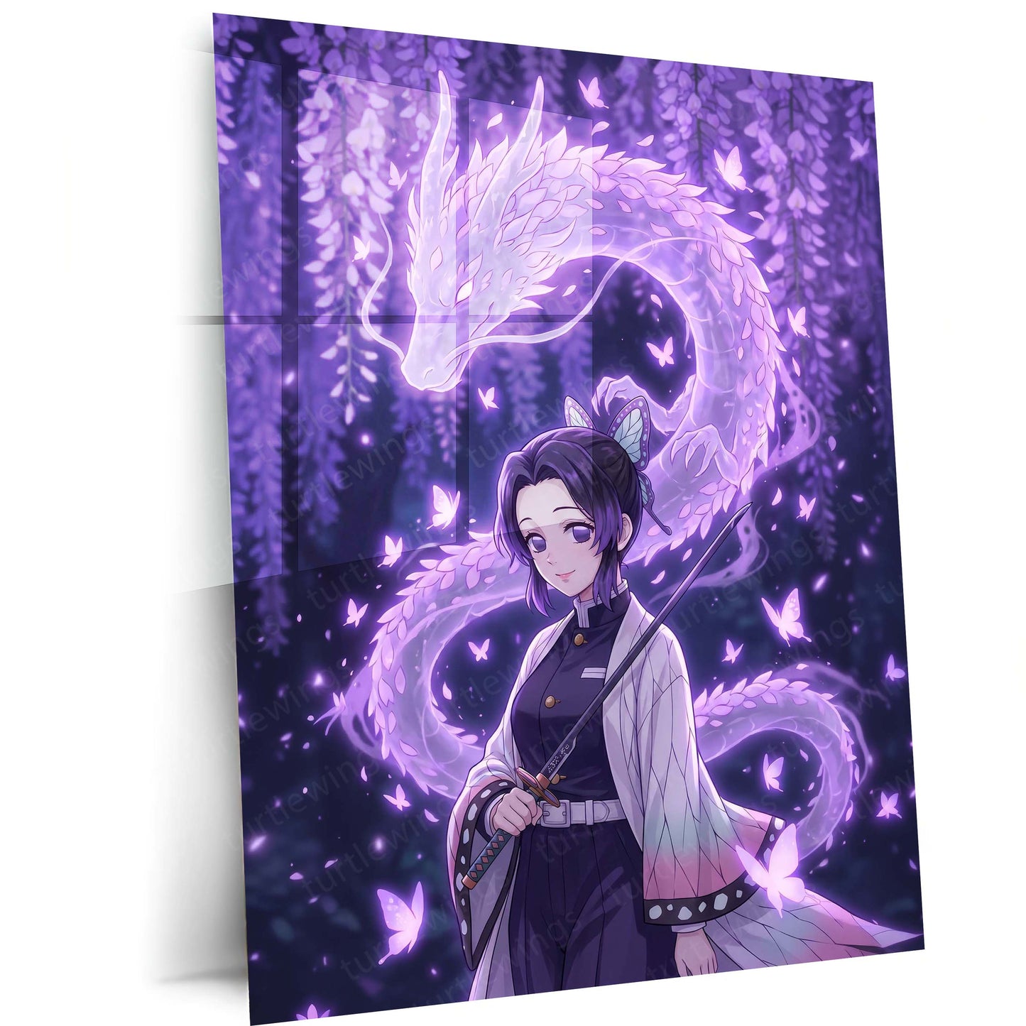 Anime Metal Poster | Shinobu Kocho Butterfly Dragon Metal Poster | Demon Slayer Anime Wall Art | Premium Aluminum Print