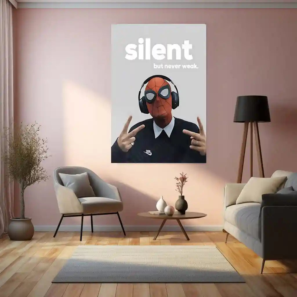 Quote Metal Poster | Spider-Man – Silent but Never Weak Metal Frame Quiet Strength, Inner Power & Modern Hero Mindset Quote Wall Art | Street-Style Superhero Metal Poster - TURTLEWINGS 