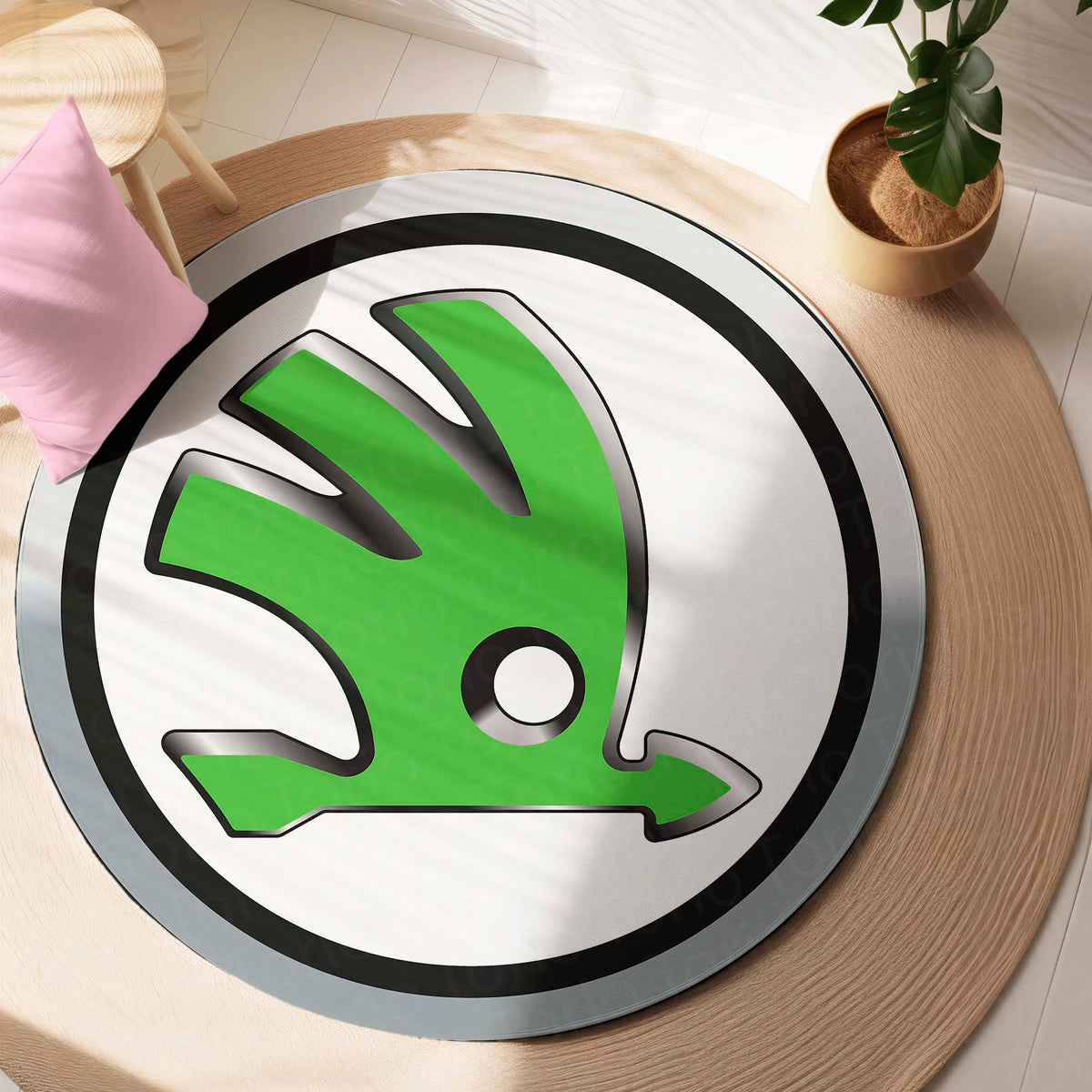 Skoda Logo Inspired Round Floor Mat (3 mm Thick) | Premium Automotive Emblem Design Decor Mat for Garage, Bedroom & Car Enthusiasts