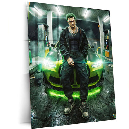 Zoro Street Car Metal Poster | Anime Drift Aesthetic Wall Art | One Piece Roronoa Zoro Car Frame | Anime Room Decor - TURTLEWINGS