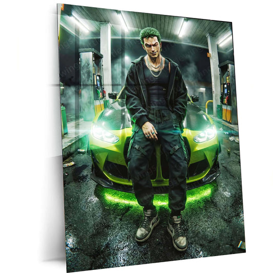 Zoro Street Car Metal Poster | Anime Drift Aesthetic Wall Art | One Piece Roronoa Zoro Car Frame | Anime Room Decor - TURTLEWINGS