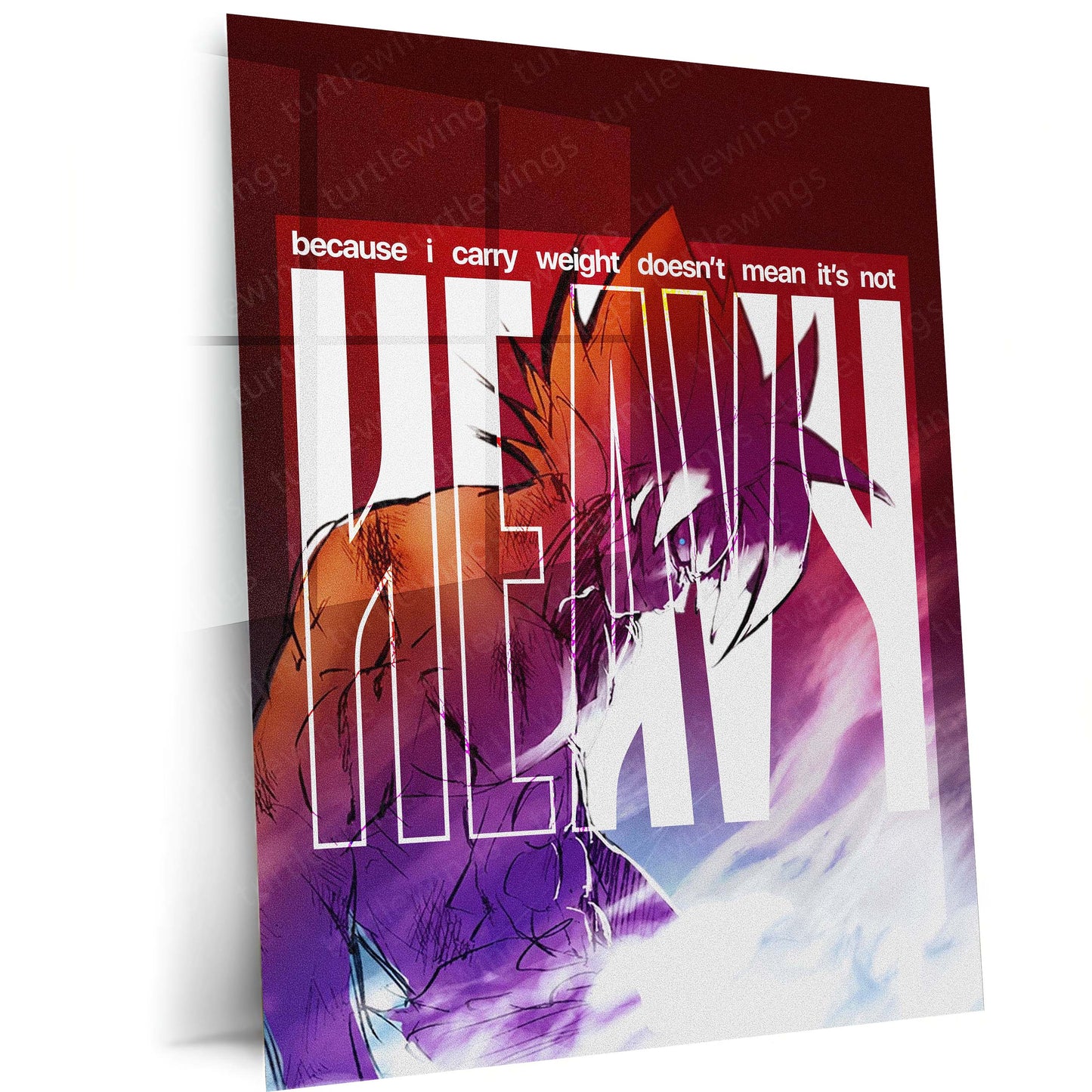 Anime Metal Poster | Goku Heavy Weight Anime Metal Poster | “Because I Carry Weight Doesn’t Mean It’s Not Heavy” Motivational Wall Art | Saiyan Metal Print