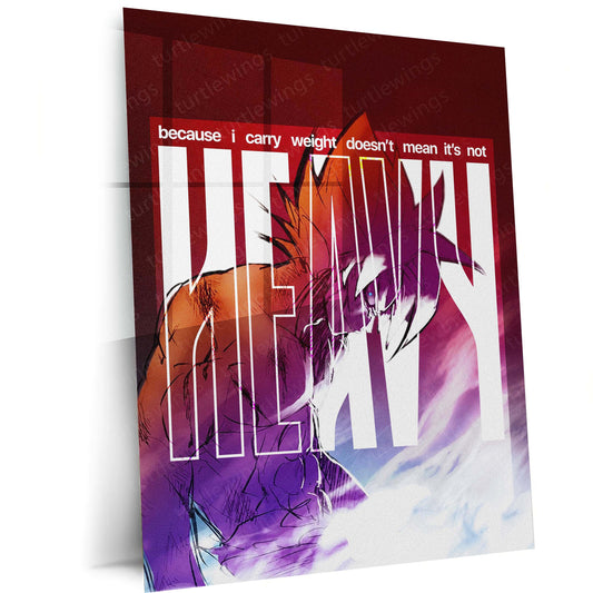 Anime Metal Poster | Goku Heavy Weight Anime Metal Poster | “Because I Carry Weight Doesn’t Mean It’s Not Heavy” Motivational Wall Art | Saiyan Metal Print