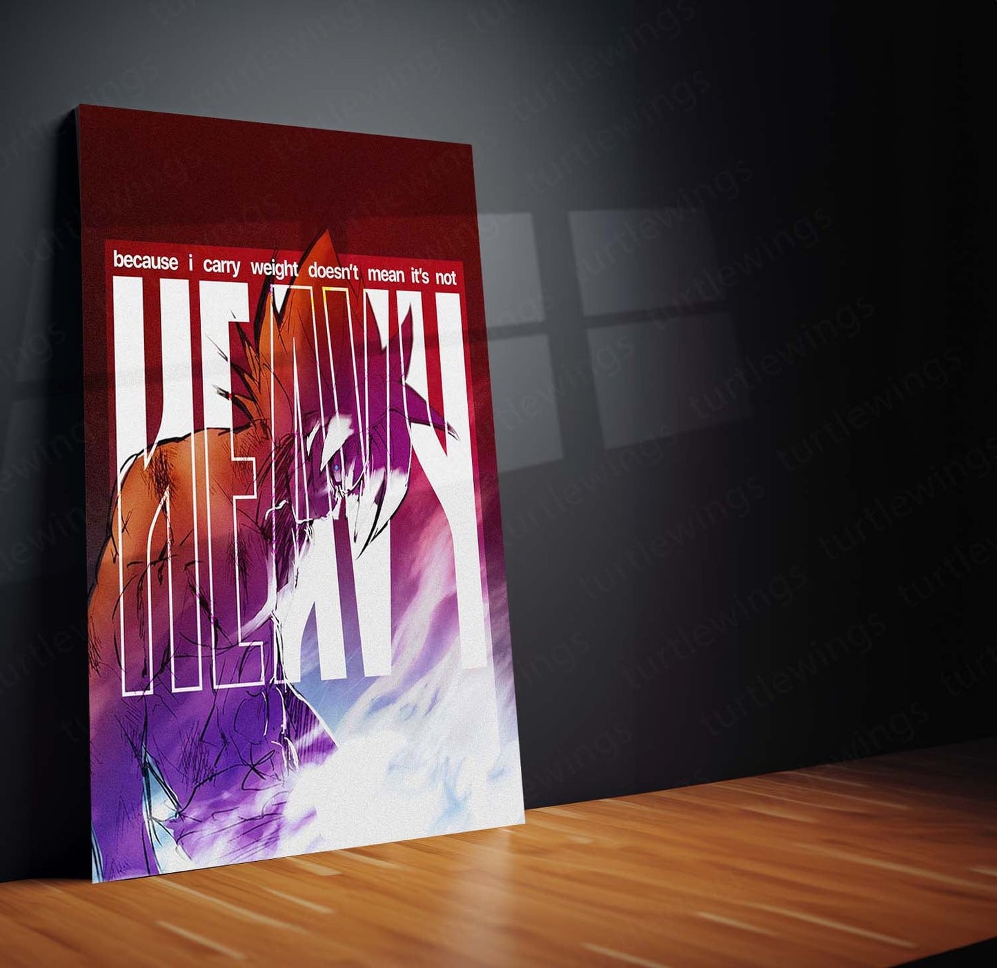 Anime Metal Poster | Goku Heavy Weight Anime Metal Poster | “Because I Carry Weight Doesn’t Mean It’s Not Heavy” Motivational Wall Art | Saiyan Metal Print