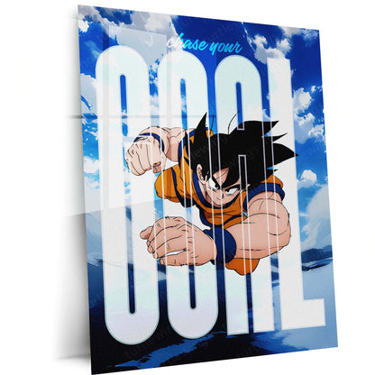 Anime Metal Poster | Goku Chase Your Goal Anime Metal Poster | Dragon Ball Motivational Wall Art | Saiyan Action Metal Print