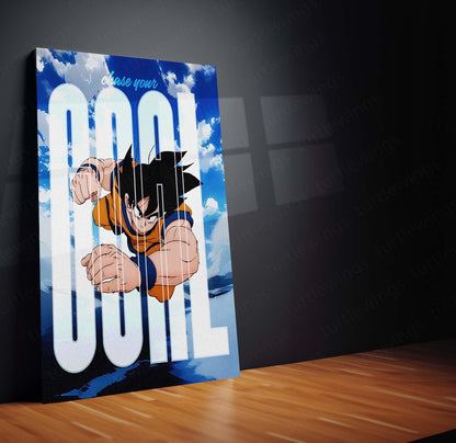 Anime Metal Poster | Goku Chase Your Goal Anime Metal Poster | Dragon Ball Motivational Wall Art | Saiyan Action Metal Print