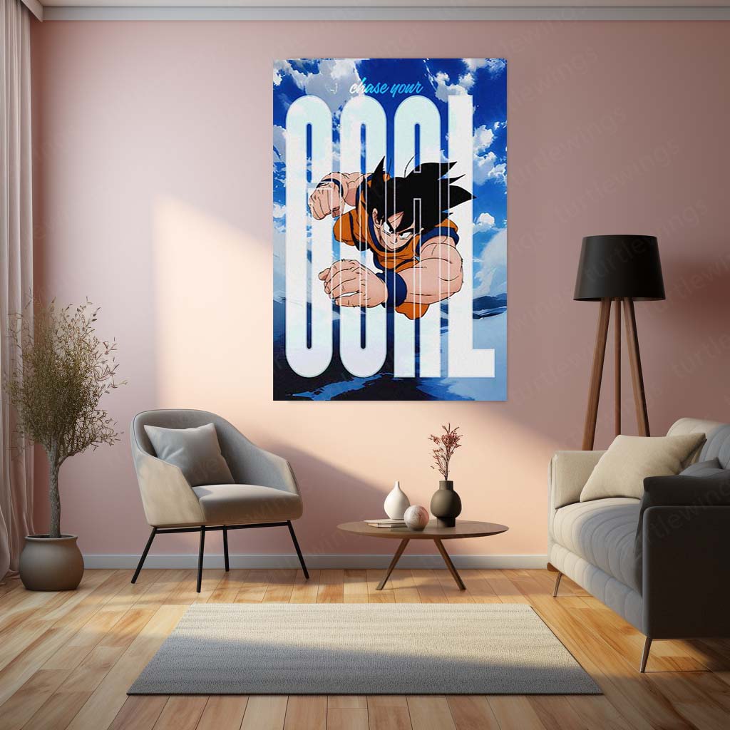 Anime Metal Poster | Goku Chase Your Goal Anime Metal Poster | Dragon Ball Motivational Wall Art | Saiyan Action Metal Print