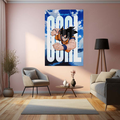 Anime Metal Poster | Goku Chase Your Goal Anime Metal Poster | Dragon Ball Motivational Wall Art | Saiyan Action Metal Print