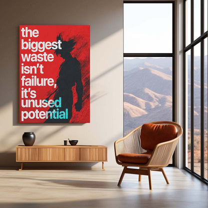 Anime Metal Poster | Goku Unused Potential Anime Metal Poster | The Biggest Waste Isn’t Failure Motivational Wall Art | Saiyan Metal Print