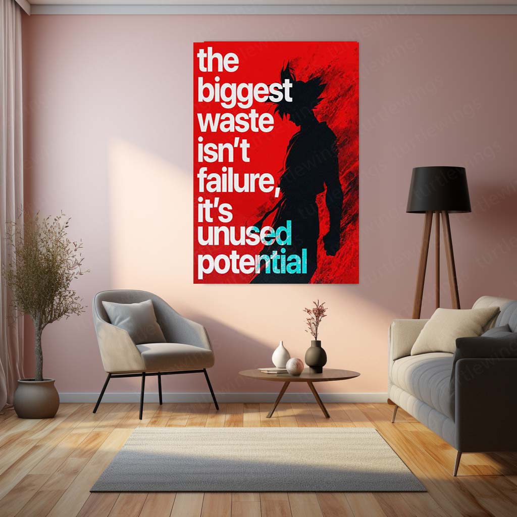 Anime Metal Poster | Goku Unused Potential Anime Metal Poster | The Biggest Waste Isn’t Failure Motivational Wall Art | Saiyan Metal Print