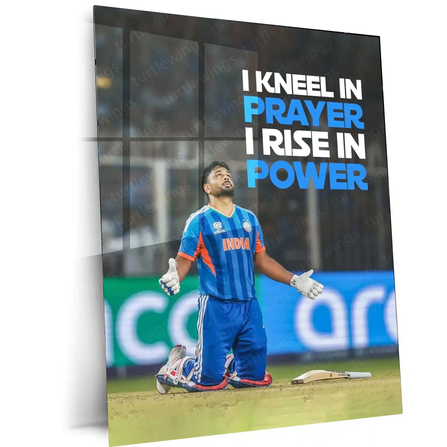 Cricket Metal Poster | Sanju Samson – I Kneel in Prayer, I Rise in Power | ICC Men's T20 World Cup, 2026 | Cricket Wall Art - TURTLEWINGS 