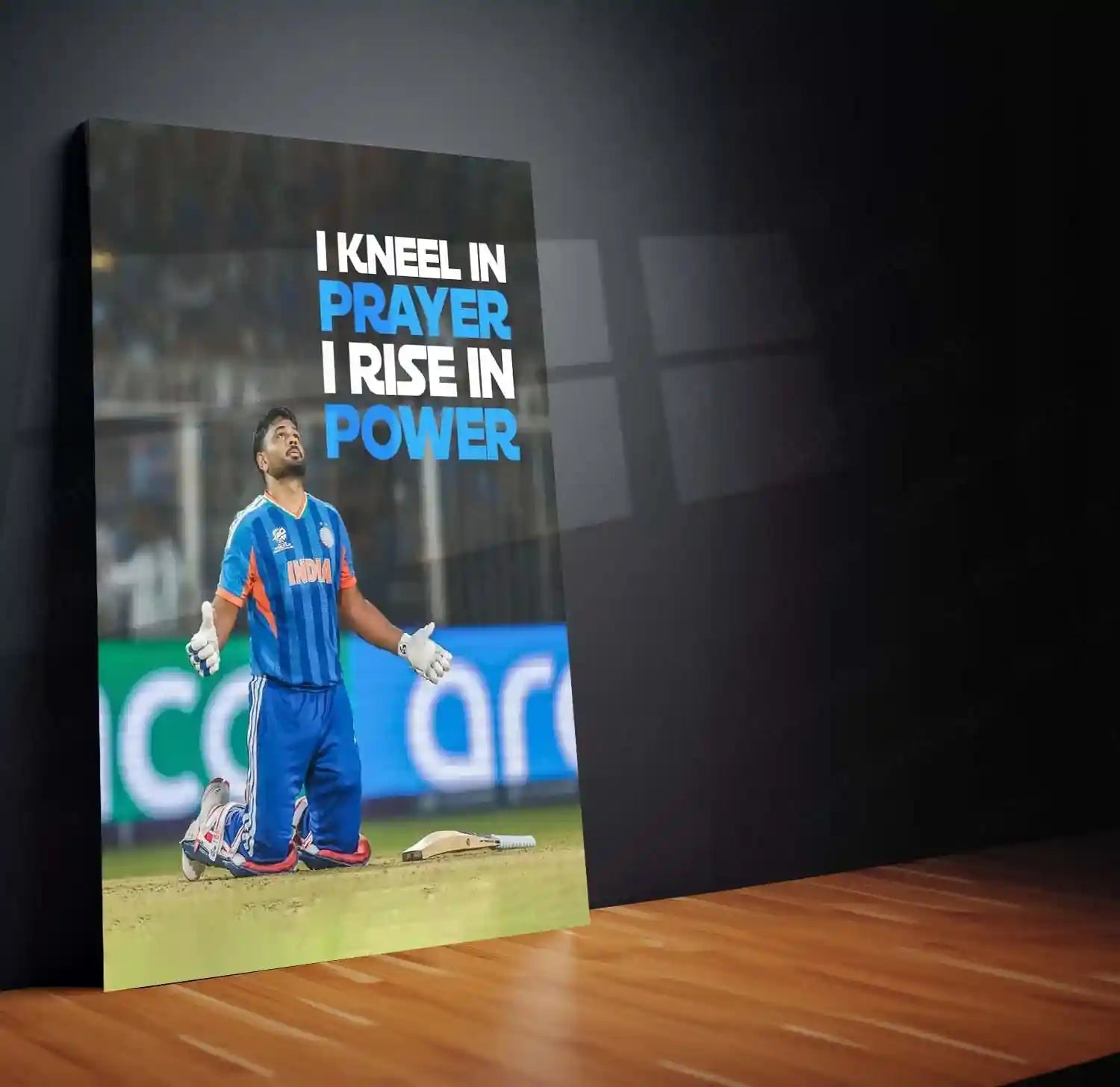 Cricket Metal Poster | Sanju Samson – I Kneel in Prayer, I Rise in Power | ICC Men's T20 World Cup, 2026 | Cricket Wall Art - TURTLEWINGS 