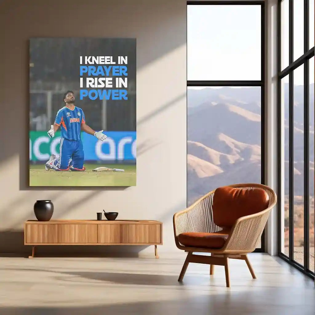Cricket Metal Poster | Sanju Samson – I Kneel in Prayer, I Rise in Power | ICC Men's T20 World Cup, 2026 | Cricket Wall Art - TURTLEWINGS 
