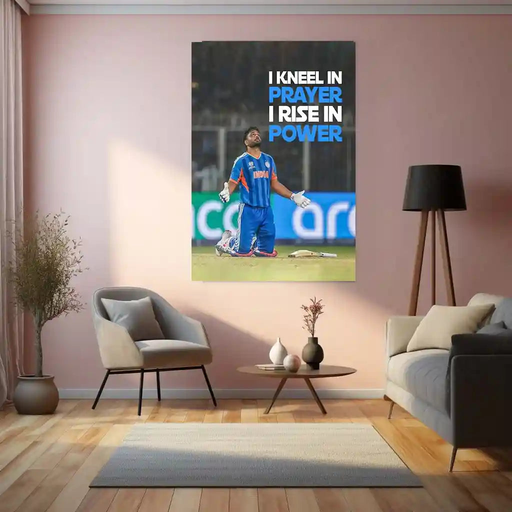 Cricket Metal Poster | Sanju Samson – I Kneel in Prayer, I Rise in Power | ICC Men's T20 World Cup, 2026 | Cricket Wall Art - TURTLEWINGS 