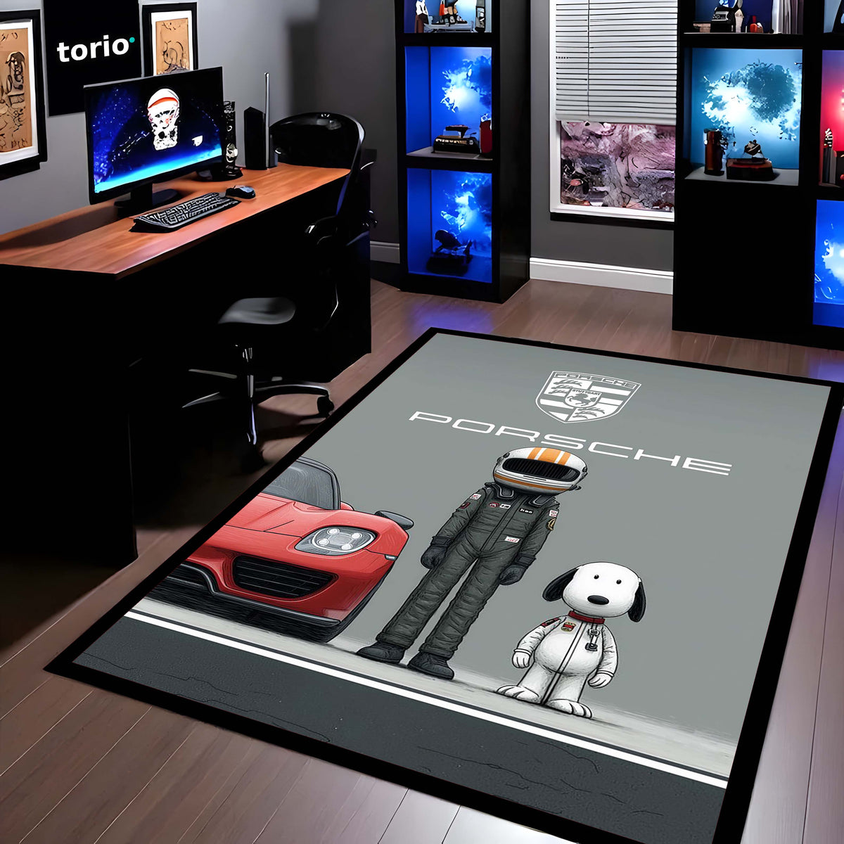 Porsche Sports Car & Snoopy Racing Area Flat Rug | Motorsport Driver & Snoopy Inspired Area Flat Rug | Premium Racing Garage Room Floor Decor