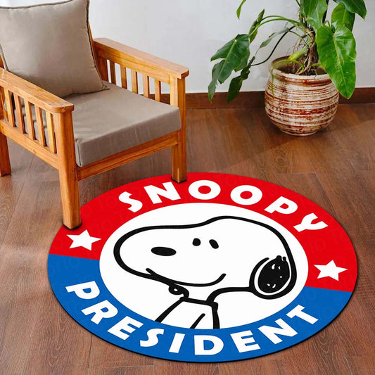 Snoopy President Round Flat Rug | Cute Snoopy Cartoon Floor Mat | Anti-Slip 3 mm Absorbent Circle Flat Rug for Bedroom, Gaming Room & Kids Room Decor