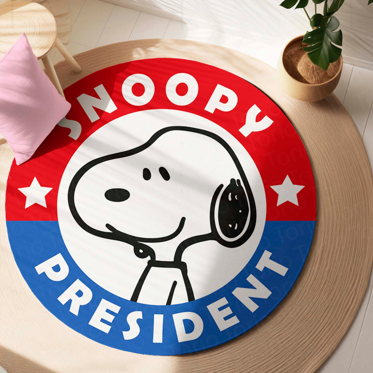 Snoopy President Round Flat Rug | Cute Snoopy Cartoon Floor Mat | Anti-Slip 3 mm Absorbent Circle Flat Rug for Bedroom, Gaming Room & Kids Room Decor