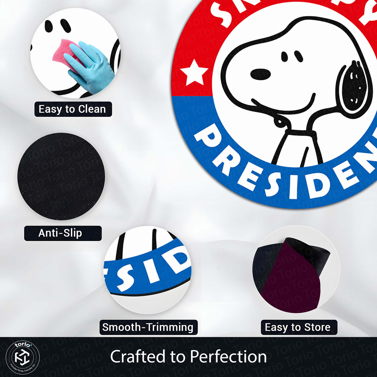 Snoopy President Round Flat Rug | Cute Snoopy Cartoon Floor Mat | Anti-Slip 3 mm Absorbent Circle Flat Rug for Bedroom, Gaming Room & Kids Room Decor