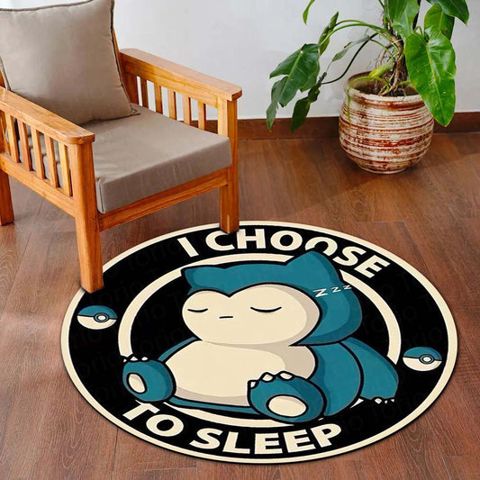Sleeping Snorlax Round Flat Rug | I Choose To Sleep Pokémon Floor Mat | Cute Anime Anti-Slip 3 mm Absorbent Circle Flat Rug for Bedroom, Gaming Room & Kids Room