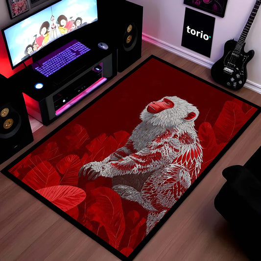 Red Snow Monkey Area Flat Rug | Japanese Macaque Artistic Floor Mat | Premium Wildlife Design Flat Rug for Living Room, Bedroom, Office & Modern Home Decor