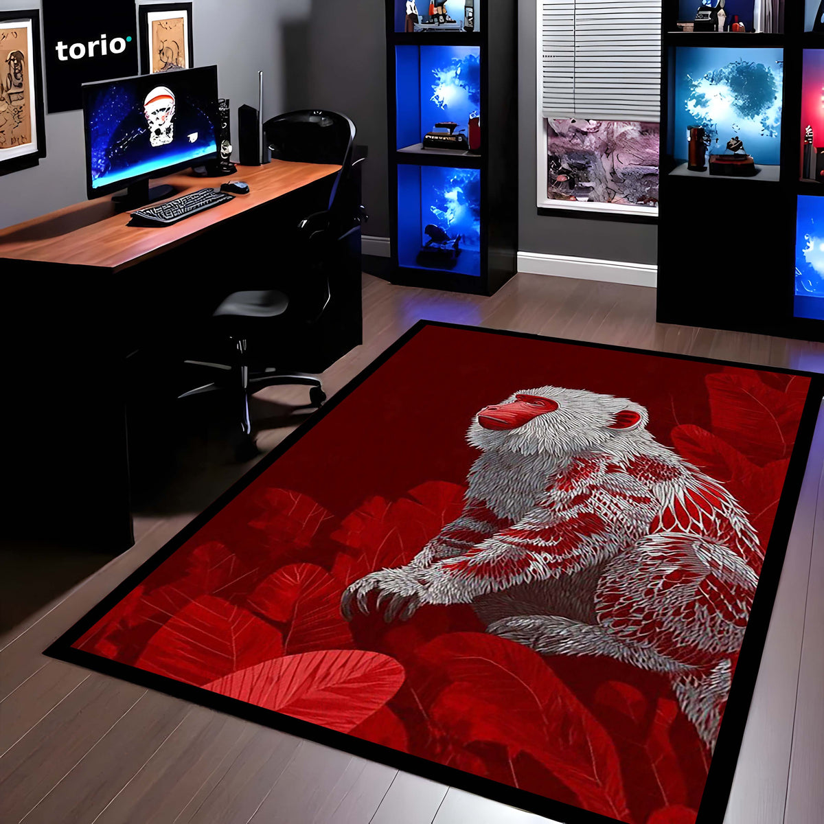Red Snow Monkey Area Flat Rug | Japanese Macaque Artistic Floor Mat | Premium Wildlife Design Flat Rug for Living Room, Bedroom, Office & Modern Home Decor