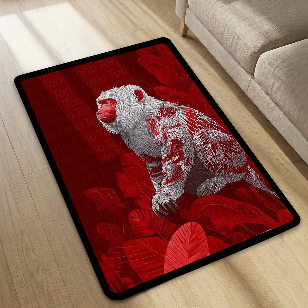 Red Snow Monkey Area Flat Rug | Japanese Macaque Artistic Floor Mat | Premium Wildlife Design Flat Rug for Living Room, Bedroom, Office & Modern Home Decor