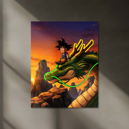 Kid Goku & Shenron LED Metal Print | Dragon Ball Anime Neon Wall Art | Sunset Dragon Gaming Room Décor