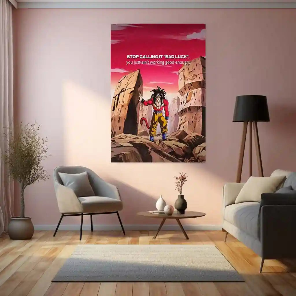 Quote Metal Poster | Son Goku – “Stop Calling It Bad Luck” Quote Metal Frame Wall Art - TURTLEWINGS