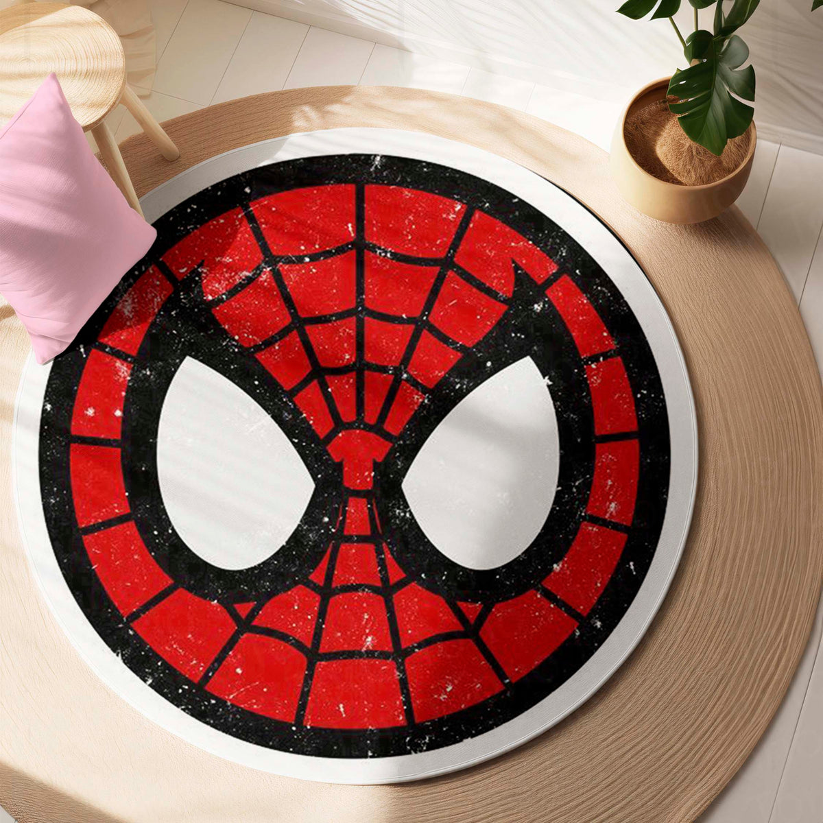 Spider-Man Face Round Flat Rug | Marvel Superhero Inspired Floor Mat | Anti-Slip 3 mm Absorbent Circle Flat Rug for Bedroom, Gaming Room & Kids Room