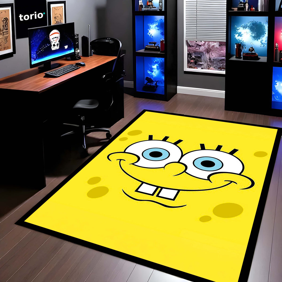 SpongeBob SquarePants Smiley Face Area Flat Rug | Minimal Cartoon Character Area Flat Rug | Premium Cartoon Bedroom & Gaming Room Floor Decor