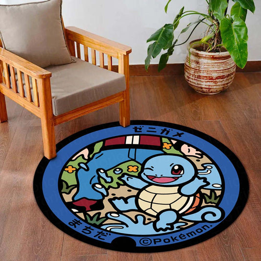 Squirtle Round Flat Rug | Cute Pokémon Water-Type Character Floor Mat | Anti-Slip 3 mm Absorbent Circle Flat Rug for Bedroom, Gaming Room & Kids Room