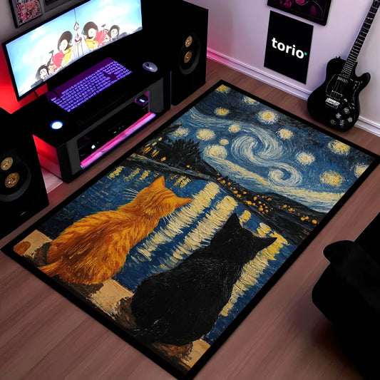 Starry Night Cats Area Flat Rug | Van Gogh Inspired Cat Floor Mat | Aesthetic Art Flat Rug for Bedroom, Living Room & Home Decor