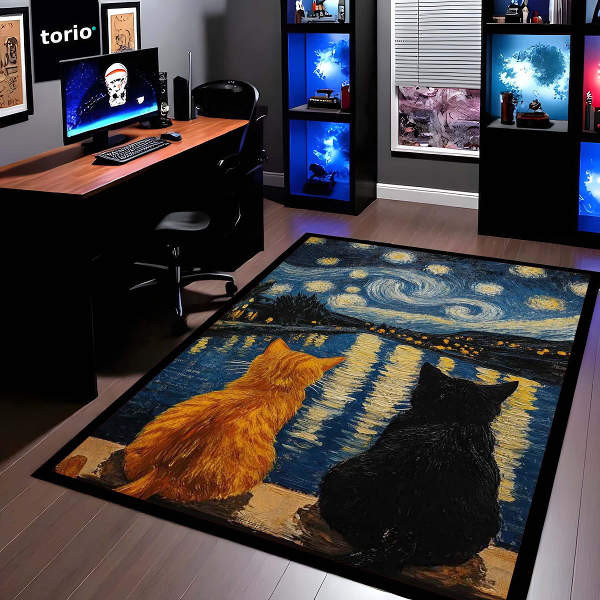 Starry Night Cats Area Flat Rug | Van Gogh Inspired Cat Floor Mat | Aesthetic Art Flat Rug for Bedroom, Living Room & Home Decor