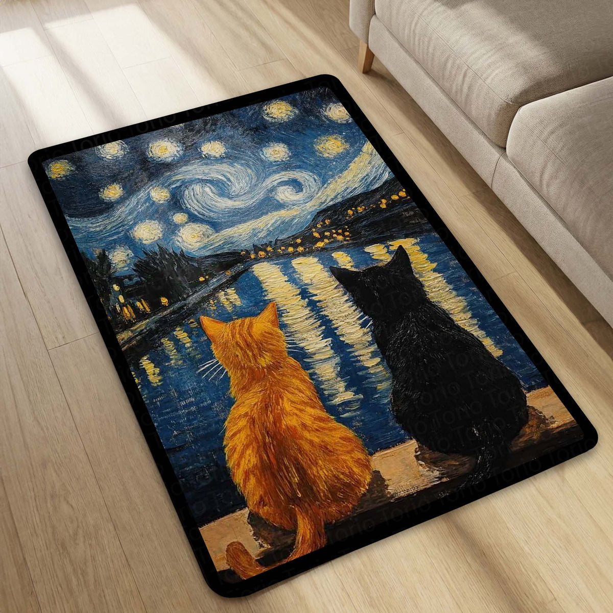Starry Night Cats Area Flat Rug | Van Gogh Inspired Cat Floor Mat | Aesthetic Art Flat Rug for Bedroom, Living Room & Home Decor