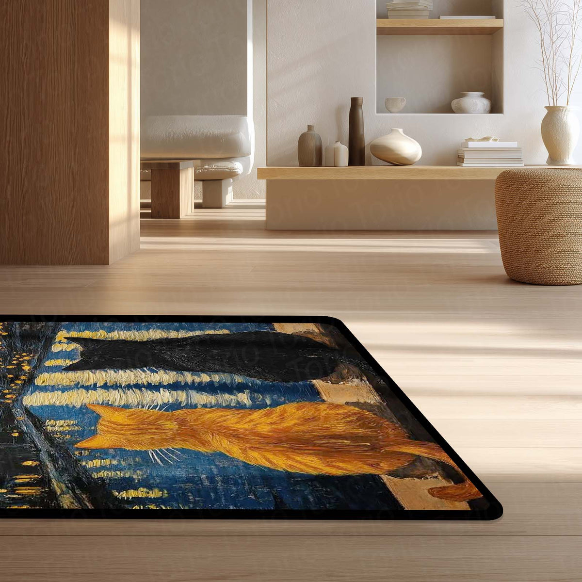 Starry Night Cats Area Flat Rug | Van Gogh Inspired Cat Floor Mat | Aesthetic Art Flat Rug for Bedroom, Living Room & Home Decor