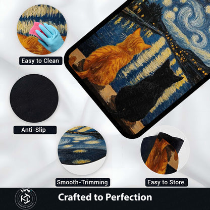Starry Night Cats Area Flat Rug | Van Gogh Inspired Cat Floor Mat | Aesthetic Art Flat Rug for Bedroom, Living Room & Home Decor